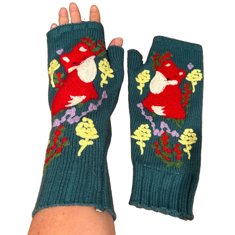 MissLook Fox Floral Embroidered Fingerless Gloves Mittens Green